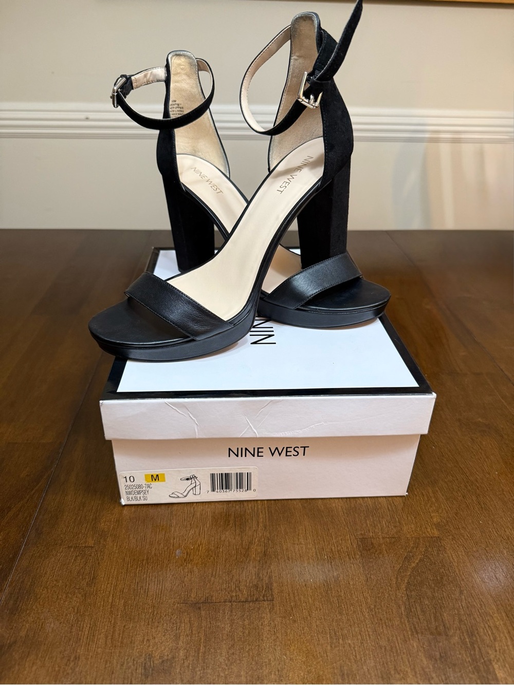 Nine West Black Suede & Leather Ankle-Strap Block Heels